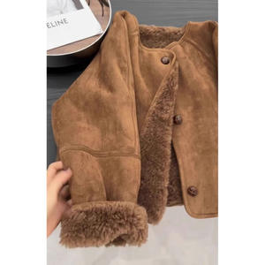 Giacca da <span class=keywords><strong>Donna</strong></span> Marrone in Pelle Scamosciata con Fodera Spessa in Lana d'Agnello Autunno Inverno Casual Monopetto Corta in Stile Coreano - Product Image 3