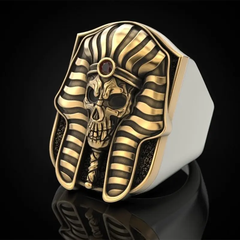 High Quality Two Tone Egyptian Pharaoh Skull Head Biker Punk Rings For Mens Male Egypt Jewelry Accessories Gift Ring