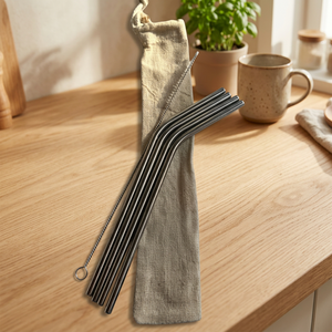 Reusable Metal <b>Drinking</b> <b>Straws</b> 4-Pack Minimalist Bar Accessories with Cleaning Brush in Cotton Bag - Product Image 6