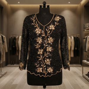 Elegant Black Gold Floral Beaded Tunic Embellished Ethnic Party Wear Top - Product Image 2