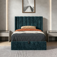 Lit rembourré moderne avec tête de lit haute capitonnée à canaux verticaux en velours, avec système de levage à gaz et rangement intégré, pour mobilier de chambre