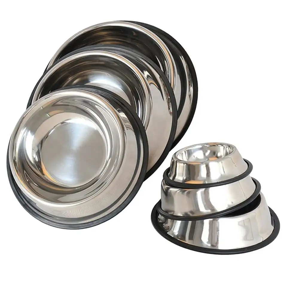 Custom Pet Food Feeder Container Dishes Stainless Steel Dog Bowl with Rubber Base for Food and Water