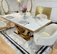 Table à manger rectangulaire de luxe légère avec plateau en marbre, mobilier de salon pour la maison et les restaurants, en acier inoxydable poli