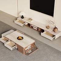 Ensemble table basse et meuble TV extensible moderne et minimaliste en bois massif vintage avec plateau en pierre frittée
