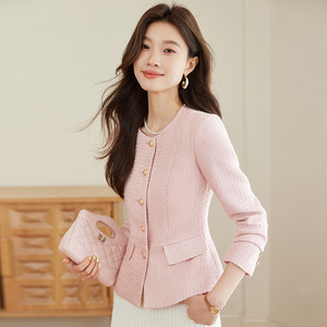 Apricot Round Neck Blazer Women Tweed Slim Fit Solid Color Polyester Worsted Jacket - Product Image 3