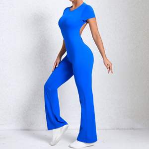 2024 Nylon Frauen Leichte Overalls Ärmel Rücken freie Sport bekleidung Open Back Workout Yoga Wide Flare Leg - Product Image 4