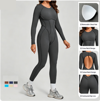 Combinaison moulante de sport sexy pour femme à manches longues, dos ouvert, taille en V, effet froncé aux fesses, pour le yoga et la gym