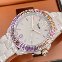 Montre de luxe pour femme COACHSE, avec cristaux colorés brillants, bracelet en céramique, mouvement à quartz, cadran à aiguilles, accents de diamants, verre minéral