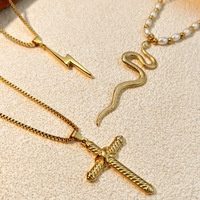 Collier tendance en acier inoxydable avec chaîne maille croisée, pendentif serpent, croix et éclair au motif unique, unisexe