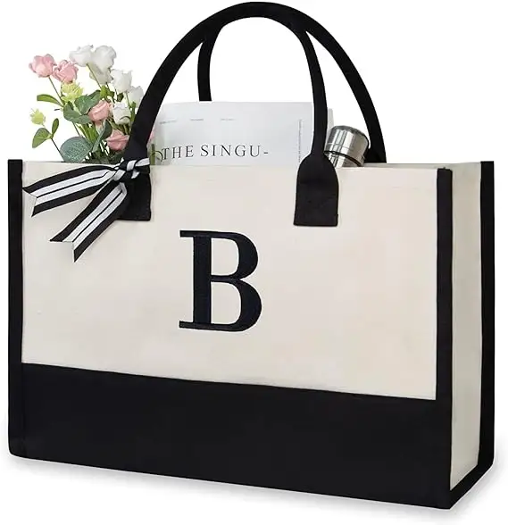 School Mother Day Teacher Gifts Birthday Wedding Monogram Initial Beach Bag 13oz Canvas with Zipper Pocket Embroidery