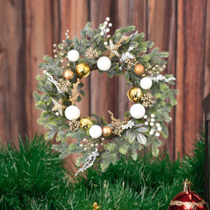 Guirlande <span class=keywords><strong>de</strong></span> Noël artificielle faite à la main <span class=keywords><strong>de</strong></span> 50 cm avec des boules dorées et blanches, des baies et des étoiles pour la décoration suspendue <span class=keywords><strong>de</strong></span> la porte d'entrée pour les fêtes - Product Image 4