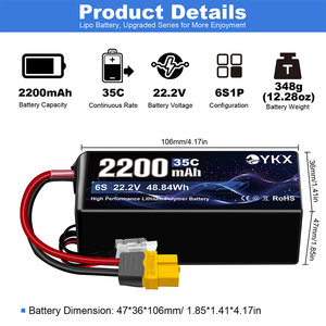 Ykx OEM OEM/ODM แบตเตอรี่ XT60 22.2V 4S 6S UAV RC แบตเตอรี่ลิเธียมโพลิเมอร์แบบแข็ง - Product Image 3