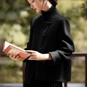 Manteau en laine mélangée à col mandarin et boutons grenouillère pour <span class=keywords><strong>femme</strong></span>, veste courte style chinoiserie, élégant pour l'automne et l'<span class=keywords><strong>hiver</strong></span>, idéal pour le travail et le bureau, collection 2026 - Product Image 3