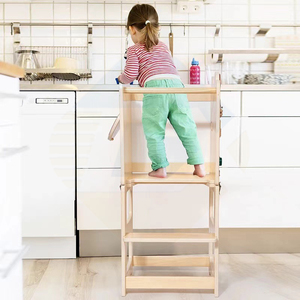 Tour d'apprentissage pliable 3-en-1 en bois réglable Montessori, marchepied de cuisine pour bébés et enfants - Product Image 3