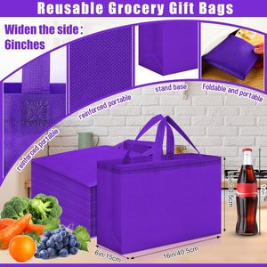 Sacs d'épicerie réutilisables, grands sacs fourre-tout pliables non tissés, 16x6x12 pouces, avec poignées, pour les courses et les cadeaux - Product Image 2