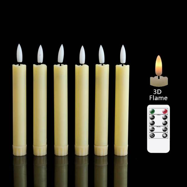 Pack of 6 Yellow Flickering Remote LED Taper Candles PLastic Battery Operated Candlesticks