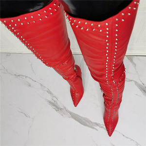 Bottes cuissardes rouges à rivets, bout pointu, grande taille, pour femme, avec fermeture éclair latérale, moulantes, longues, sexy, à talon haut, au-dessus du genou - Product Image 4