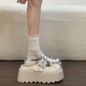 2026 New Women <b>Closed</b>‑Toe <b>Mules</b> Fashion Double‑Buckle Thin Bow Platform Anti‑Slip Height Increasing Slippers - Product Image 3