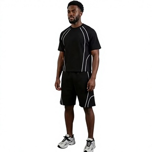 Men's Geometric Stripe T-Shirt and Shorts <b>Set</b> Crew Neck Casual Summer Wear Breathable <b>Knitted</b> Spandex Cotton - Product Image 2