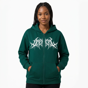 Sweat à capuche zippé vert oversize avec imprimé logo gothique blanc, coupe classique, unisexe, décontracté, en polaire, pour l'hiver - Product Image 1