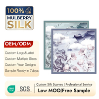 Foulard carré en soie de mûrier sergé à faible MOQ, avec motifs personnalisés, ourlet roulé à la main, impression double face, motif paysage en peinture à l'encre chinoise, OEM