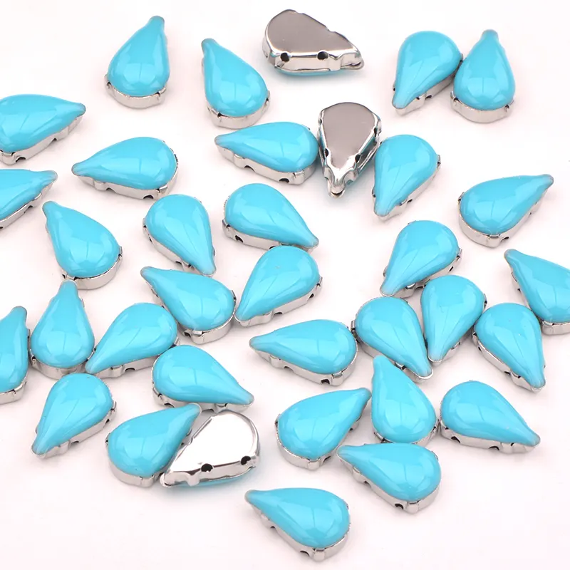 Aplique de pedra de cristal azul, 8*13mm aqua, gotas de costura, strass prateado, aplique de diamante costurado, para decoração de roupas