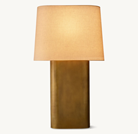 Lampe de table colonne moderne en laiton vieilli avec abat-jour trapézoïdal en lin flexible, LED dimmable E26, idéale pour chambre et salon