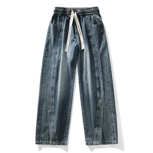 Wholesale OEM Custom Men's Straight Leg Denim <strong>Jeans</strong> <strong>Elastic</strong> Waist Drawstring Washed Blue Casual Streetwear Pants - Product Image 1