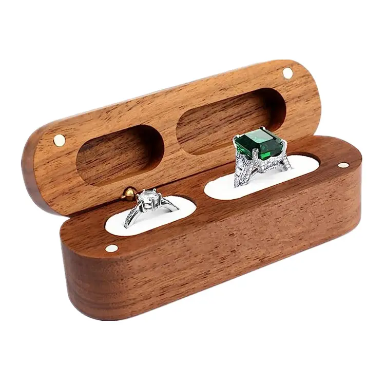Scatola di anelli di immagazzinaggio di gioielli in legno di noce con logo personalizzato scatola di fedi nuziali in legno per 2 anelli