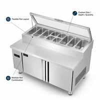 Station de préparation de pizzas réfrigérée en acier inoxydable, bar à salades et sandwichs, plan de travail avec réfrigérateur sous comptoir, bacs personnalisés