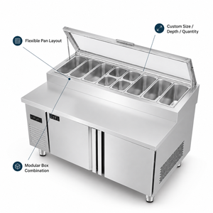 Station de préparation de pizzas réfrigérée en acier inoxydable, bar à salades et sandwichs, plan de travail avec réfrigérateur <span class=keywords><strong>sous</strong></span> comptoir, bacs personnalisés - Product Image 4