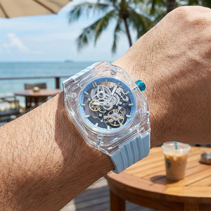 Reloj Mecánico EM1073 con Caja Transparente de PVC, Correa Azul, 21 Joyas, 28800 Bph, Marcadores Luminosos, 45mm - Product Image 1