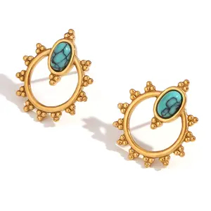 European and American fashion Bohemian style retro earrings Titanium steel plated 18K triple lace oval blue turquoise earrings