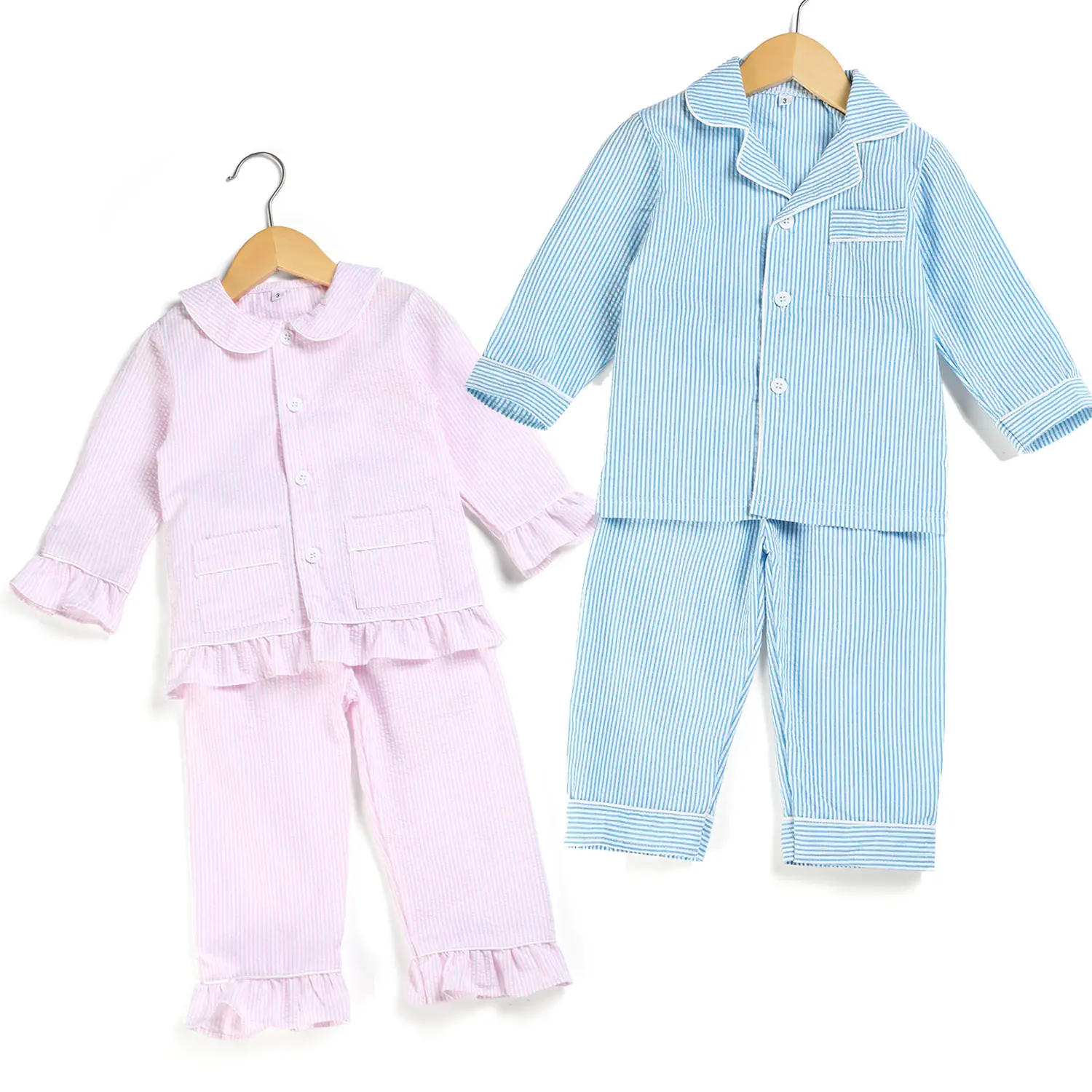 Pyjama à rayures 100% coton pour bébés filles, manches longues, uni quantité minimale de commande, rose, pour l'automne