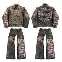 Ensemble veste et jean vintage pour homme, design patchwork brodé, tenue streetwear rétro, personnalisable, directement de l'usine
