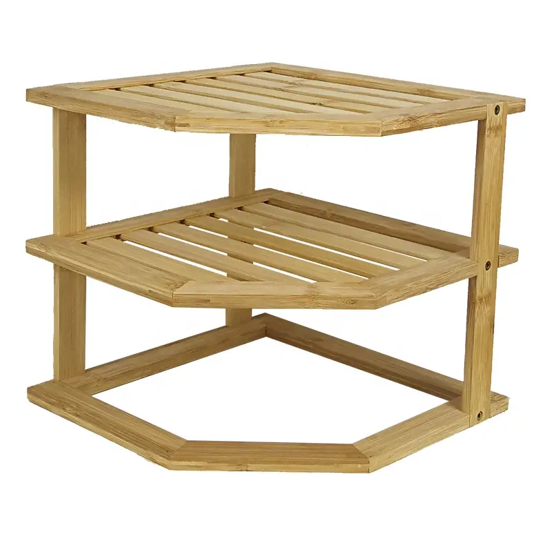 Bamboo Kitchen Corner Shelf , 3-Tier Kitchen Shelf Storage Countertop Organization Cabinet Corner Rack for Plate