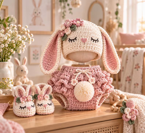 Ensemble de vêtements pour bébé lapin fait main, chapeau en crochet, barboteuse et bottes, tenue pour nouveau-né rose fleuri - Product Image 2