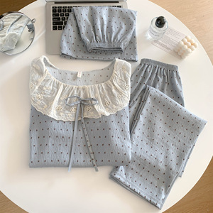 Women's Summer Spring Autumn <b>Lace</b> Cotton Pajamas Big Lapel Neck Short Sleeve <b>Elastic</b> Waist Breathable Soft - Product Image 3