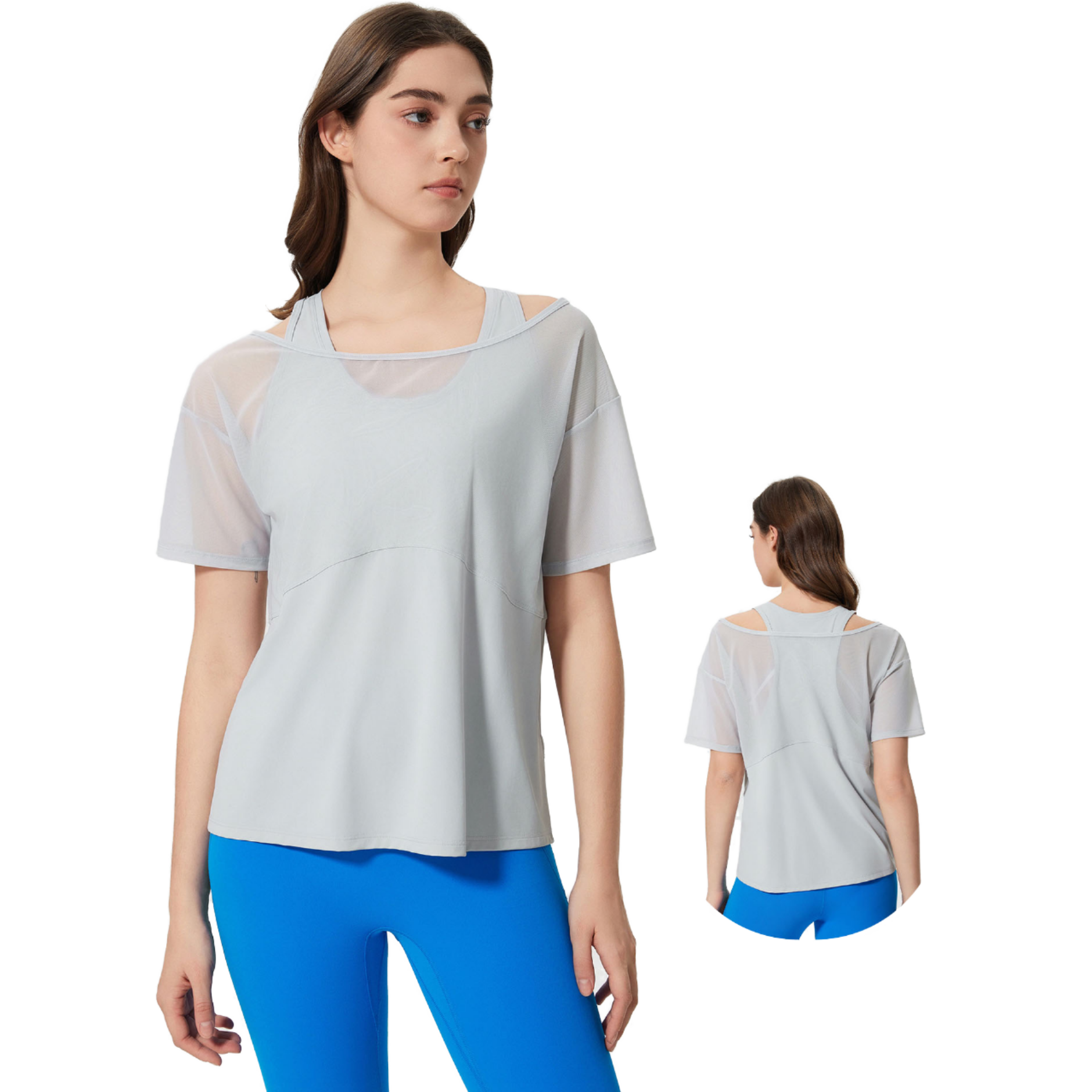 GC Yoga Clothes Women Loose Sports Short Sleeve T-shirt Running Cover-up Two-piece Quick Dry Breathable Fitness Top YG205