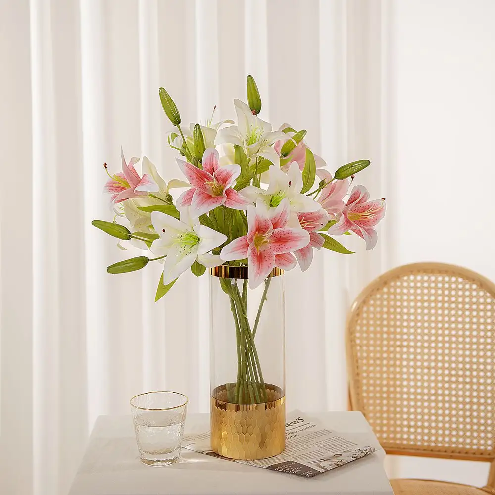 Buquê de flores artificiais para decoração de casa e casamento, buquê de flores decorativas, lírio com 2 botões, flor