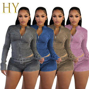 Collezione <span class=keywords><strong>Boutique</strong></span> autunno inverno 2025 da donna <span class=keywords><strong>Casual</strong></span> 2 pezzi Top e Shorts a collo a manica lunga in tinta unita in Denim taglie S-2XL - Product Image 1