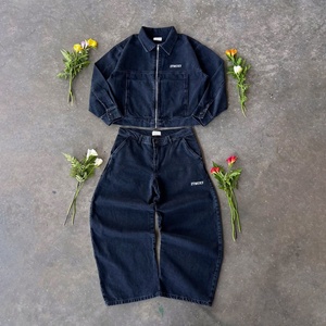 OEM Custom Raw Selvage 14 Oz Heavyweight Denim Set Zip up Jackets and Straight Leg Jeans <b>Pants</b> Oversized Jacket Denim Set Men - Product Image 1