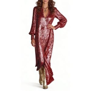 ชุดเดรสแม็กซี่ประดับเลื่อมสำหรับผู้หญิง - ชุดราตรีคอวีแขนยาวแฟชั่น - Product Image 1