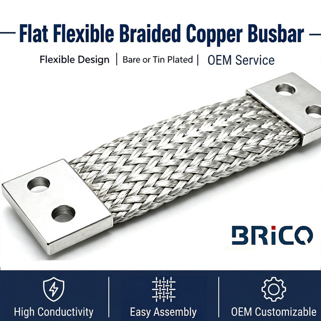 OEM Custom Flat Braided Bare or Tin Plated Copper Busbar Flexible Ground Strap Flexible Connector for ESS BESS Enclosure Cabinet