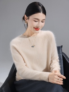 高端拉绒纯羊毛秋季女式毛衣简约圆领套头衫厚针织宽松舒适打底衫 - Product Image 4