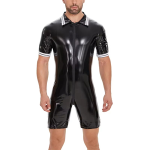 Mono erótico de cuero sintético brillante para hombre, con cremallera en la entrepierna, manga corta, cuello de solapa, ajustado y elástico, ideal para verano. - Product Image 6