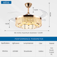 Lampu Plafon LED Kristal Retractable 6 Kecepatan, Kontrol Jarak Jauh, Motor DC Tembaga Nordik, Warna Emas, Pengatur Waktu, Modern Mewah untuk Kantor Rumah