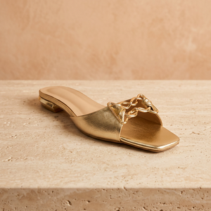 Sandalias Planas RETRAW BLENDS con Parte Superior de PU Dorado para Mujer, Zapatos Mule sin Cordones, Punta Cuadrada, Detalle de Cadena, Tacón Cubierto, Calzado Casual de Verano - Product Image 3