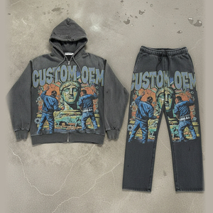 OEM Custom Pattern Digital Printing Oversized Vintage Distressed Streetwear 2-piece Heavyweight 400 GSM Men's Hoodie Set - Product Image 1
