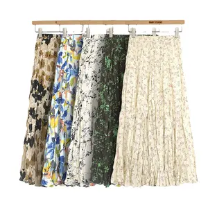 High-waisted Wholesale Women's Summer Casual Pleated Polyester Fabric Womens Bright Pleated Floral Pleated Skirt